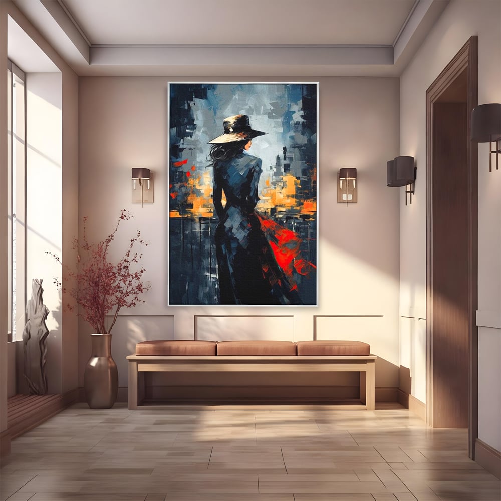 Tablou canvas cu tablou canvas cu femeie in palarie si oras, in rama de aluminiu argintiu